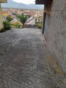 una calle vacía al lado de un edificio con una palmera en Casa vacanza bel vedere, en Villamassargia