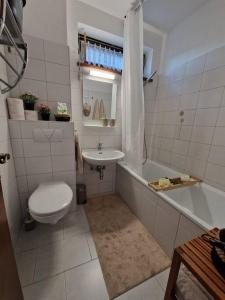 e bagno con servizi igienici, lavandino e vasca. di Appartement 214 in Bad Goisern a Bad Goisern