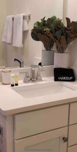 Luxurious 3 Story Townhome في تشارلوت: منضدة الحمام مع الحوض والمرآة