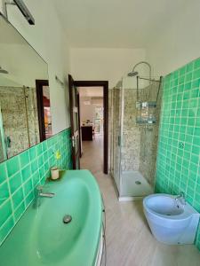 a bathroom with a green tub and a shower at Grazioso Bilocale alle Porte di Milano in Paderno Dugnano