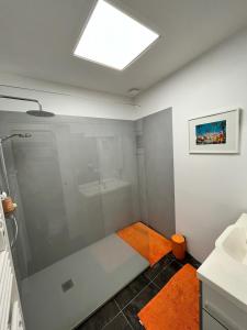 baño con ducha de cristal con alfombra naranja en La terrasse, en Frontignan