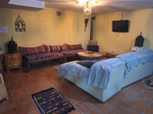 sala de estar con 2 sofás y TV en Hachazuelas7, en Moralzarzal