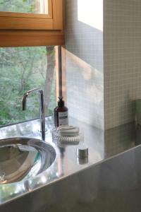 a bathroom counter with a sink and a window at baumhaus buchengrün in Dobl-Zwaring