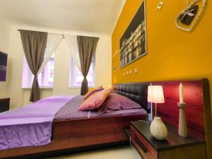 プラハにあるApartment in the center of Pragueのベッドルーム1室(紫のシーツが敷かれた大型ベッド1台付)