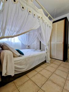 a bedroom with a canopy bed with white drapes at Le Colibri d'isa in Capesterre-Belle-Eau