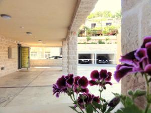 a vase filled with purple flowers in front of a building at The Old Town Terrace Apartments in Budva
