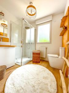 uma casa de banho com um chuveiro, um WC e um tapete em Le cocon de Normandy em Criquebeuf-sur-Seine