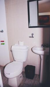a bathroom with a white toilet and a sink at Departamento allende antiguo in Oaxaca City