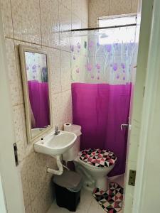 baño con lavabo, aseo y cortina de ducha púrpura en Hostel das Flores, en Belém