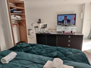 1 dormitorio con 1 cama y TV en un escritorio en Golf Open Sport, en Saint-Fort