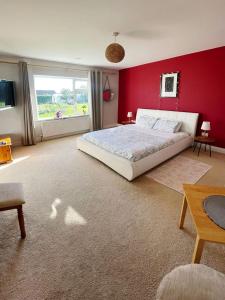 a bedroom with a large bed and a red wall at Mountain Widok in Killorglin