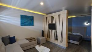 een woonkamer met een bank en een bed bij Loft Platino in Pachuca de Soto