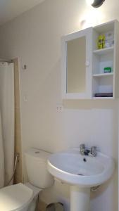 een badkamer met een wastafel, een toilet en een spiegel bij Victoria Costa Verde in Lima