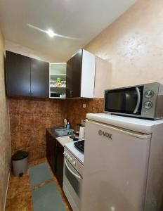 a small kitchen with a microwave on top of a refrigerator at Emerald Apartment Belgrade in Senjak (historical) +10 photos