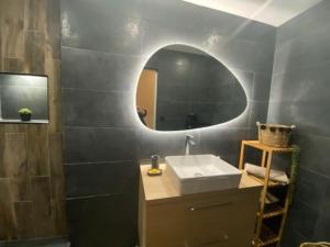 uma casa de banho com um lavatório e um espelho em Bel appartement climatisé proche calanques vieux port em La Ciotat