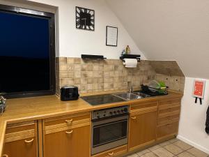 eine Küche mit einer Spüle und einem TV auf der Theke in der Unterkunft Ferienwohnung Dortmund - Elias - Adults Only in Dortmund