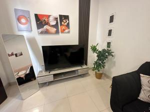 a living room with a flat screen tv and a mirror at Smart Entry Apartment w Pvt Entrance in Riyadh