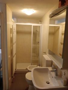 a bathroom with a sink and a toilet and a shower at Casa Violetta, Historic Center in Colonno