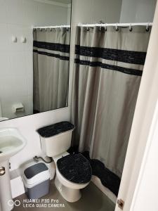 y baño con aseo y cortina de ducha. en Sensacional Departamento cerca Zofri 2 Habitaciones 2 Baños Iquique, en Iquique