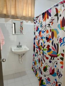 La salle de bains est pourvue d'un rideau de douche et d'un lavabo. dans l'établissement La casa de las muñecas, à Mérida