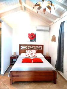 ein Schlafzimmer mit einem großen Bett mit roten Kissen in der Unterkunft Ti bijou in Baie-Mahault