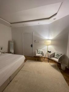 ein Schlafzimmer mit einem Bett, zwei Stühlen und einer Lampe in der Unterkunft استوديو هادي بموقع مميز in Riad
