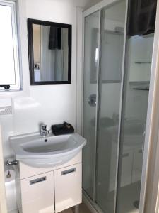 a bathroom with a sink and a glass shower at Pohara Beach TOP 10 Holiday Park in Pohara