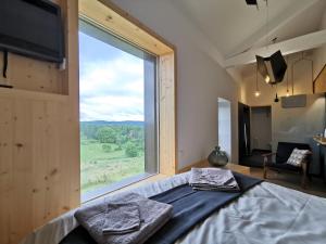 ein Schlafzimmer mit einem Bett und einem großen Fenster in der Unterkunft Gîte de Charme en Forêt: Nature, Confort, et Intimité Proche de Lyon et Clermont-Ferrand - FR-1-582-356 in Saint-Victor-sur-Arlanc