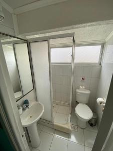 a bathroom with a shower and a toilet and a sink at Hostal Boutique F in El Quisco
