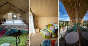 two pictures of a bedroom with a bed and a balcony at Doniños Nature in A Coruña