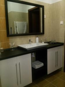 une salle de bain avec un lavabo et un miroir dans l'établissement Fészek Apartman, à Debrecen