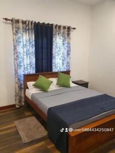ein Bett mit zwei grünen Kissen in einem Zimmer in der Unterkunft Belihull Vila in Nuwara Eliya
