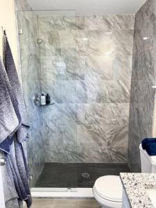 ein Badezimmer mit Dusche, Toilette und Waschbecken in der Unterkunft Palm Beach Cottage in West Palm Beach