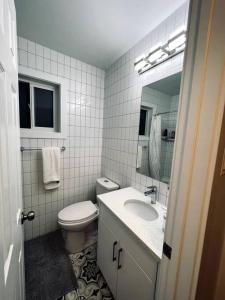 a bathroom with a toilet and a sink and a mirror at Walking distance to St Boniface, easy parking in Winnipeg +41 photos