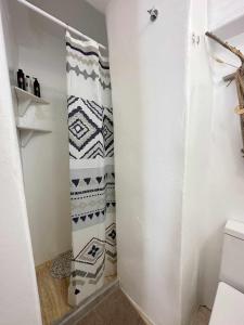 a bathroom with a shower curtain and a toilet at Terra Nova in Mikonos
