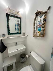 Petra Pelikan في مدينة ميكونوس: حمام مع مرحاض ومغسلة ومرآة