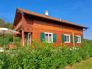 een houten huis met groene luiken bovenop enkele struiken bij Gemütliches Holzhaus in Gamlitz in Gamlitz