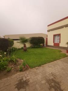 a house with a green yard with a palm tree at Oasis Self-Catering in Swakopmund