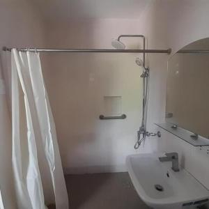 a white bathroom with a shower and a sink at Palawan-Residence B&B in Puerto Princesa City