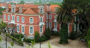 ein großes rosa Gebäude mit einer Palme davor in der Unterkunft Hotel Do Parque, Boutique Hotel - Curia in Curia