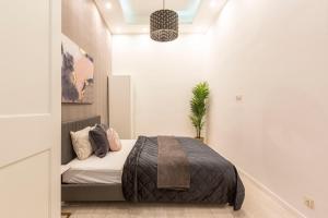 Deluxe Izabella Apartment in the Center of Budapest في بودابست: غرفة نوم مع سرير وزرع الفخار