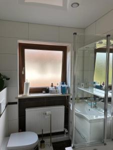 ein Bad mit einer Dusche, einem WC und einem Waschbecken in der Unterkunft Lichtdurchflutete 90 m2 drei Zimmer Duplexwohnung in Altperlach in München