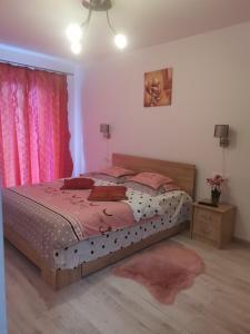 um quarto com uma cama com cortinas cor-de-rosa em Apartmant Melinda M16 em Brasov