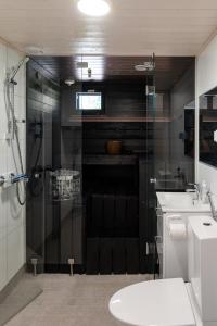a bathroom with a shower and a toilet and a sink at Himoskuutio 3 in Jämsä