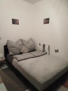 a bedroom with a bed with pillows on it at Studiowohnung, Neu renoviert, zentrale Lage in Saarlouis