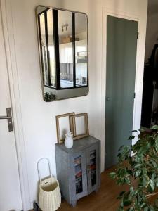 een spiegel boven een tafel met een plant bij Cozy flat close to Paris in Gentilly