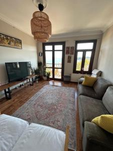 sala de estar con sofá y TV de pantalla plana en Historic Wooden House with Bosphorus view, en Sarıyer