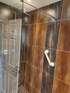 a bathroom with a shower with a glass door at Bracken Lodge in Merston