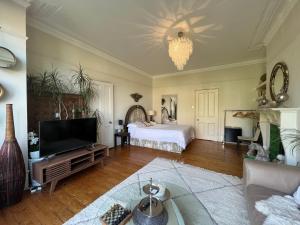 a living room with a bed and a flat screen tv at LondonHomeGardens in London