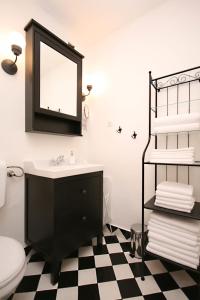 a bathroom with a sink and a mirror and a toilet at Apartment Sv. Mihovil in Šibenik